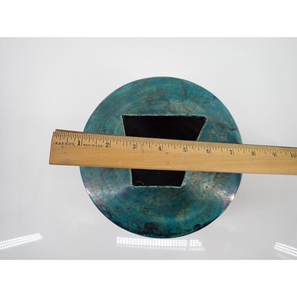 Turquoise Blue Signed Raku Sculpture Pottery Vase Bowl Iridescent Drip Glaze 8" - Picture 11 of 16